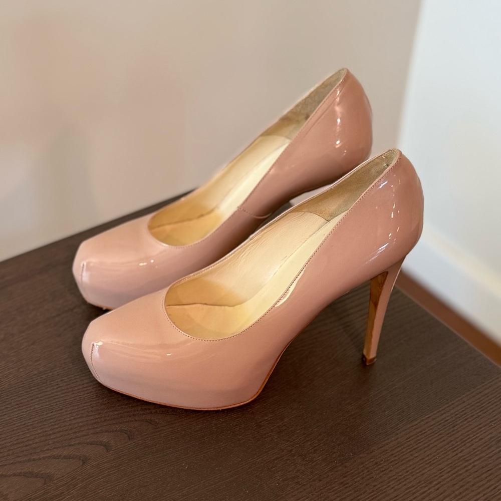 Brian Atwood Maniac Nude Patent Leather Platform Pumps (Size 39)